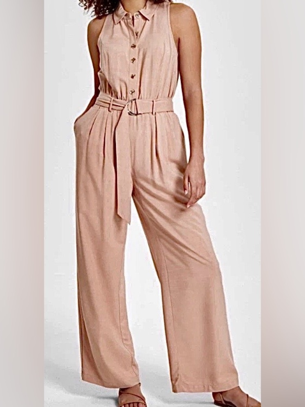 Bar III Blush Pink Sleeveless Belted Wide-Leg Jumpsuit